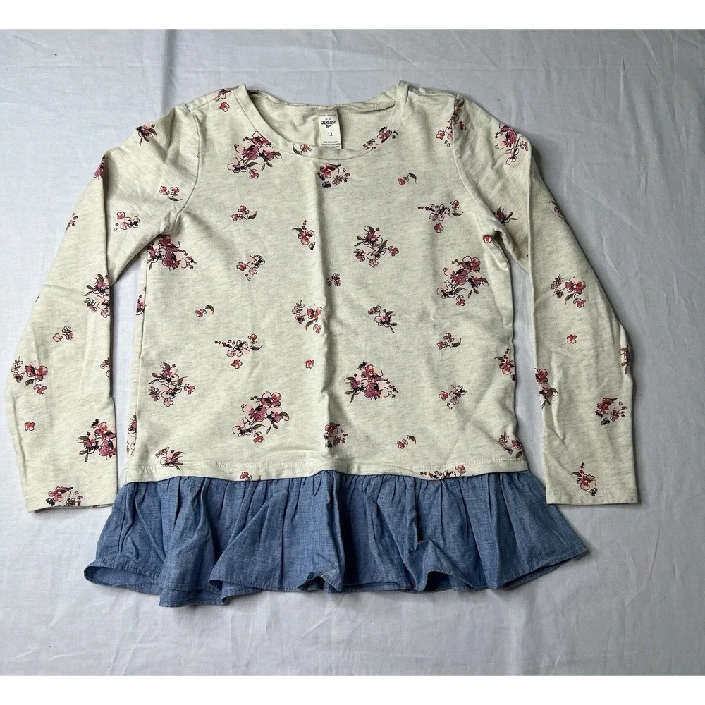 Oshkosh B Gosh Floral Long Sleeve Top with Denim Ruffle, Size‎ 12
